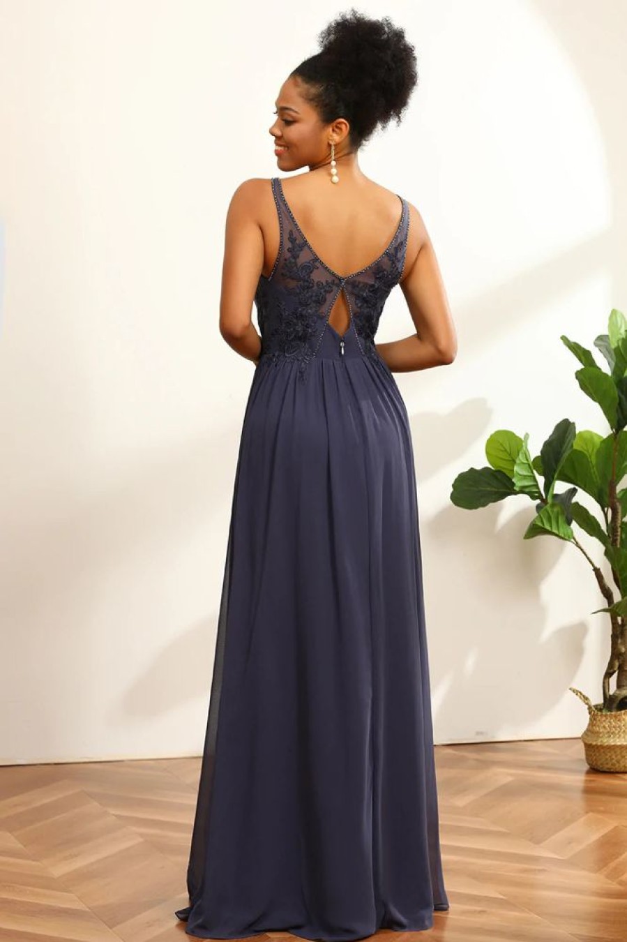 Homrain V-Neck Long Chiffon Bridesmaid Dress With Open Back | Bridesmaid Dresses 2024