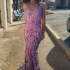 Homrain Sparkly Sequined Mermaid Backless Long Prom Dress | Hot Pink Prom Dresses