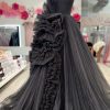 Homrain Sweetheart A-Line Long Tulle Prom Dress With Ruffles | Black Prom Dresses