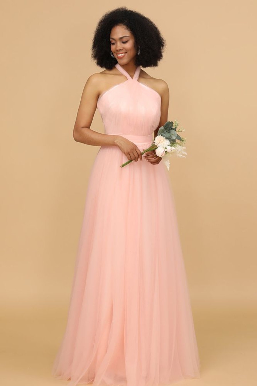 Homrain A Line Halter Long Bridesmaid Dress | Dusty Rose Bridesmaid Dress