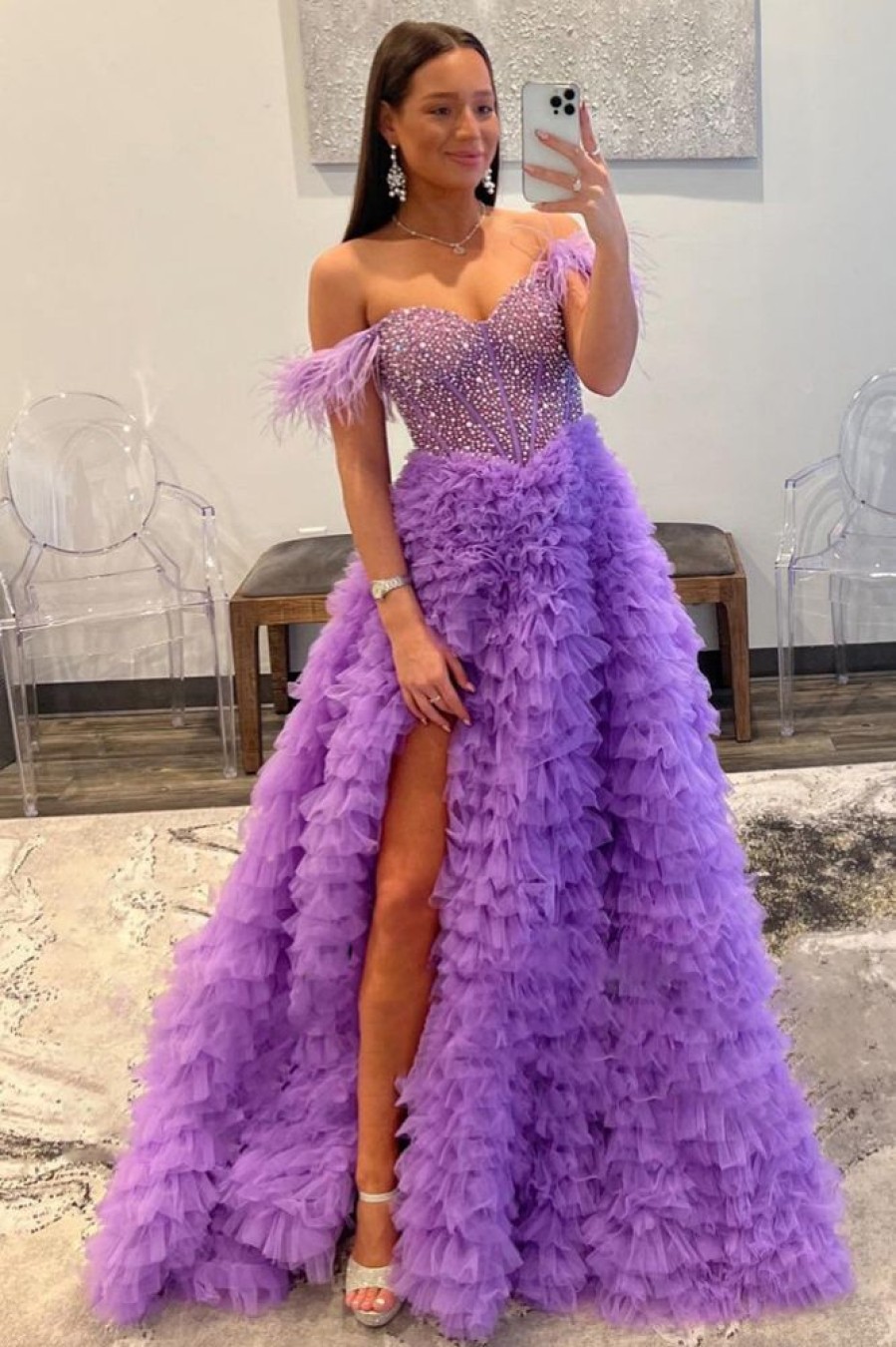 Homrain Sparkly Beaded Long Prom Dress With Ruffles | Purple Prom Dresses