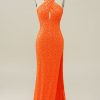 Homrain Halter Sequined Backless Mermaid Prom Dress | Orange Prom Dresses