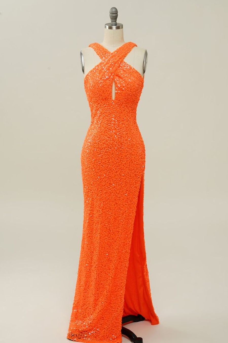 Homrain Halter Sequined Backless Mermaid Prom Dress | Orange Prom Dresses