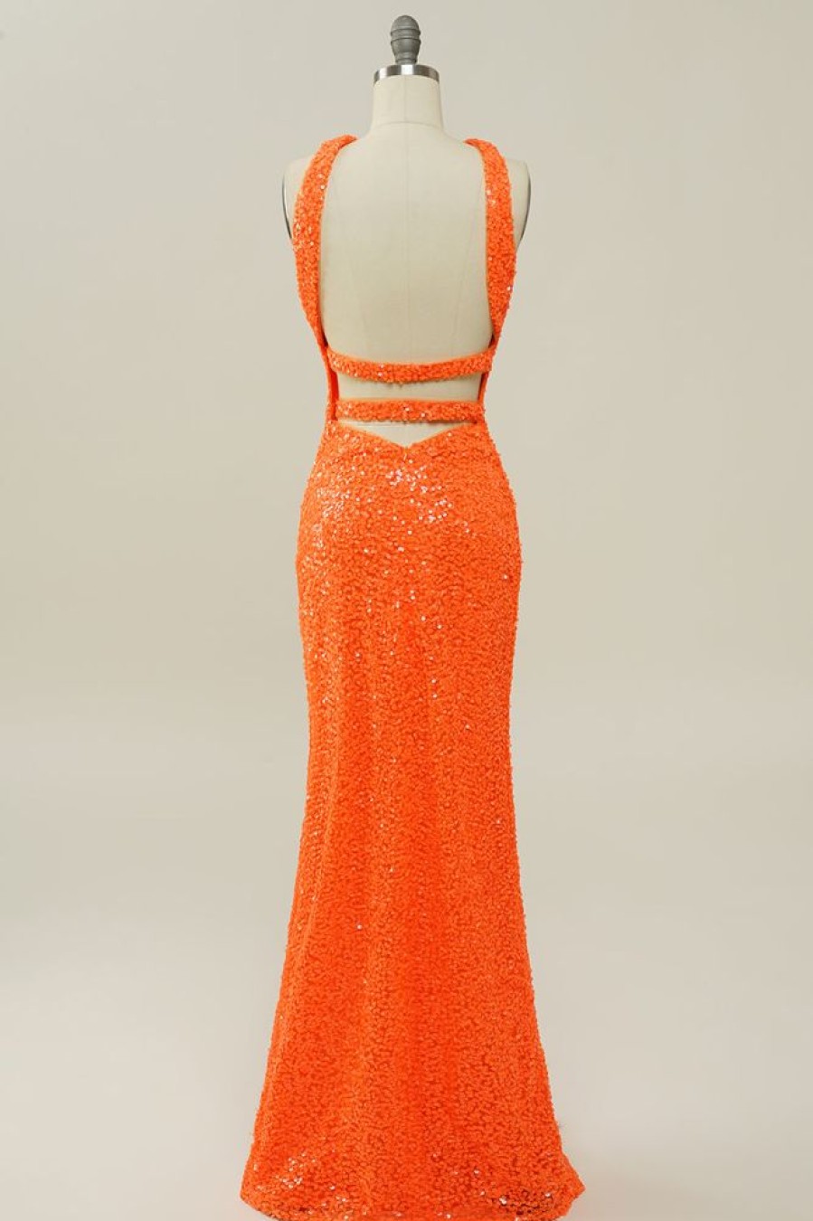 Homrain Halter Sequined Backless Mermaid Prom Dress | Orange Prom Dresses