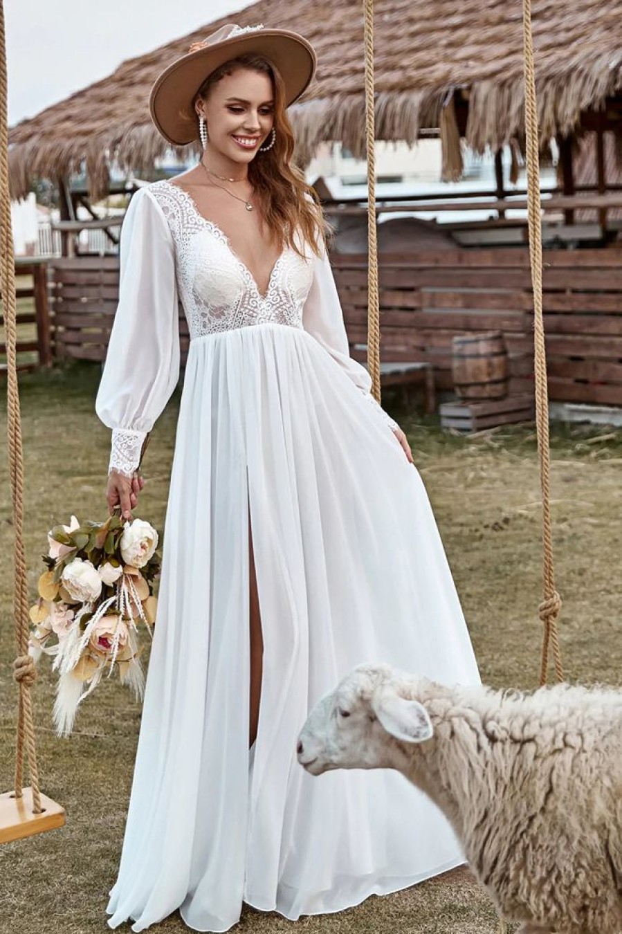 Homrain Lace Chiffon V-Neck Long Sleeve Boho Wedding Dress | Simple Wedding Dresses