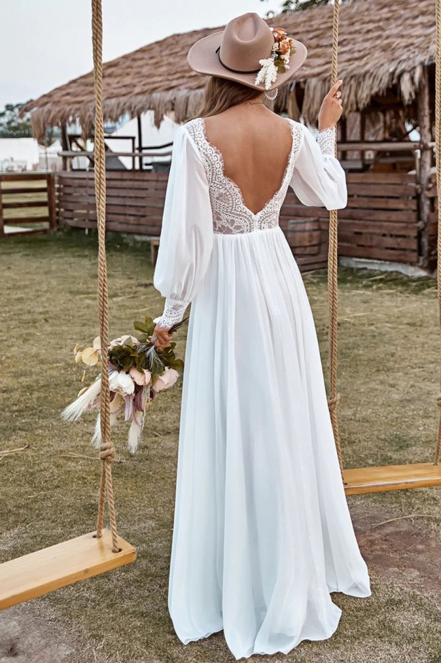 Homrain Lace Chiffon V-Neck Long Sleeve Boho Wedding Dress | Simple Wedding Dresses