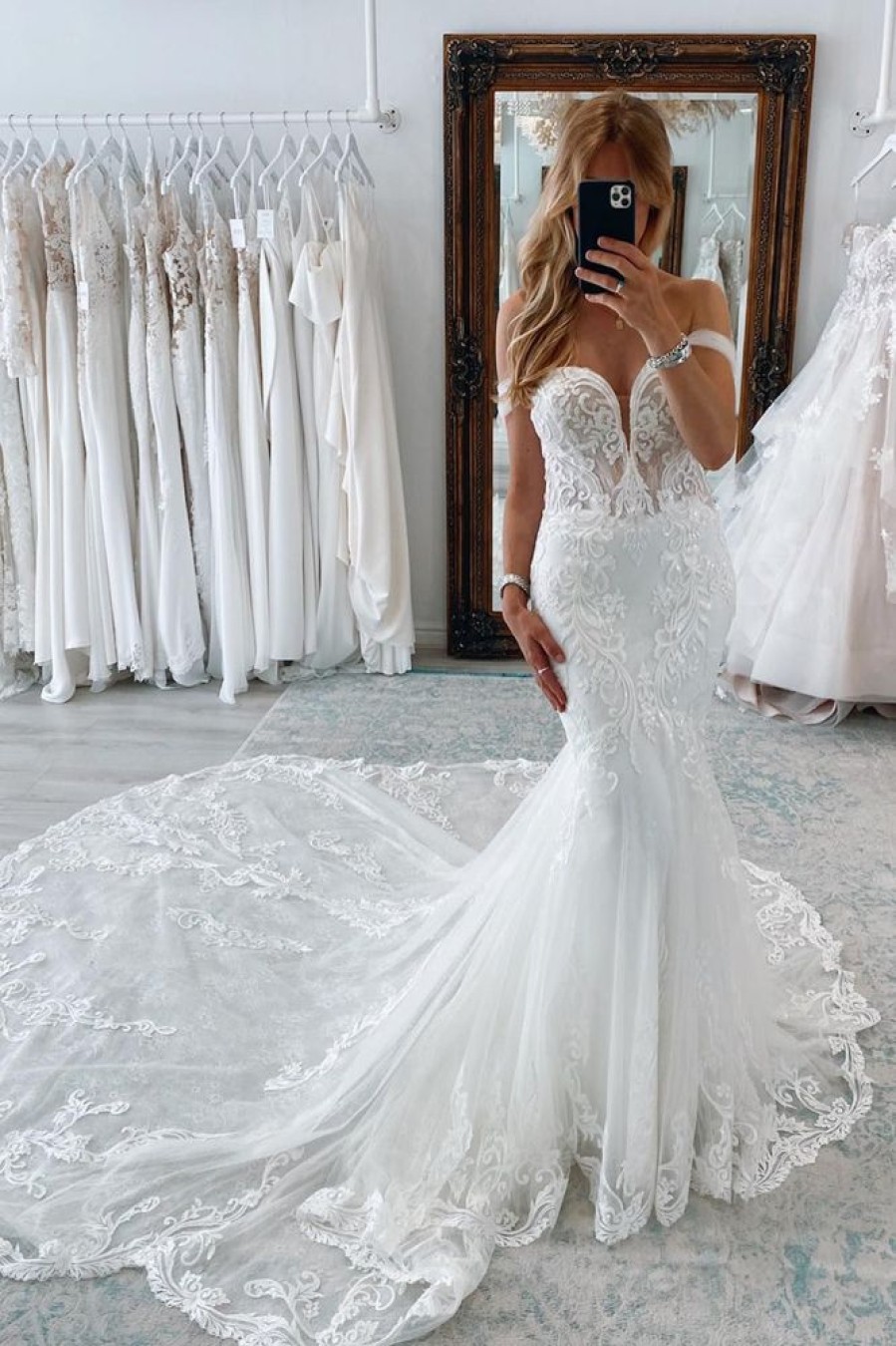 Homrain Long Tulle Mermaid Wedding Dress With Lace | Lace Wedding Dresses