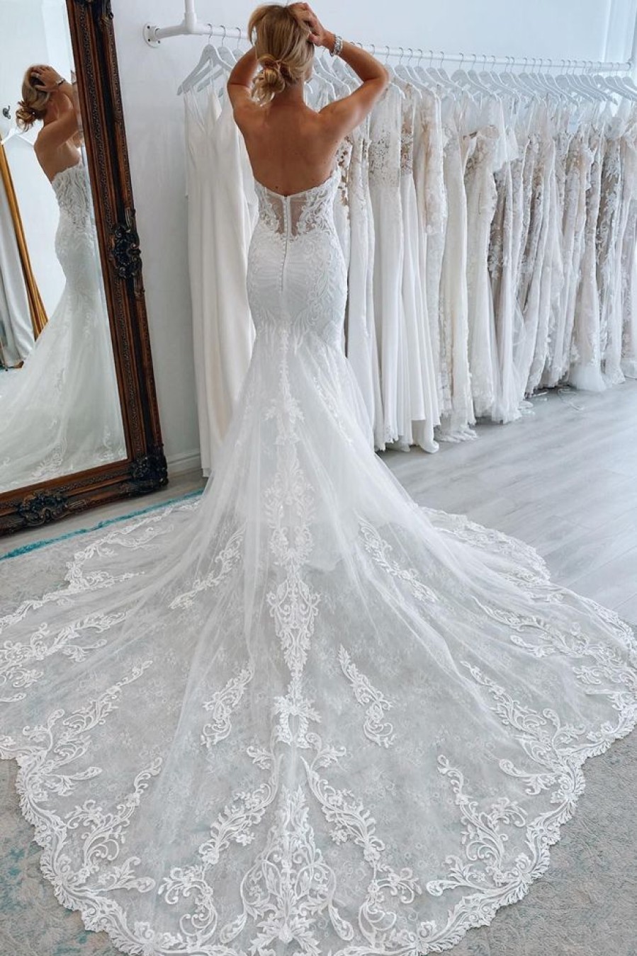 Homrain Long Tulle Mermaid Wedding Dress With Lace | Lace Wedding Dresses