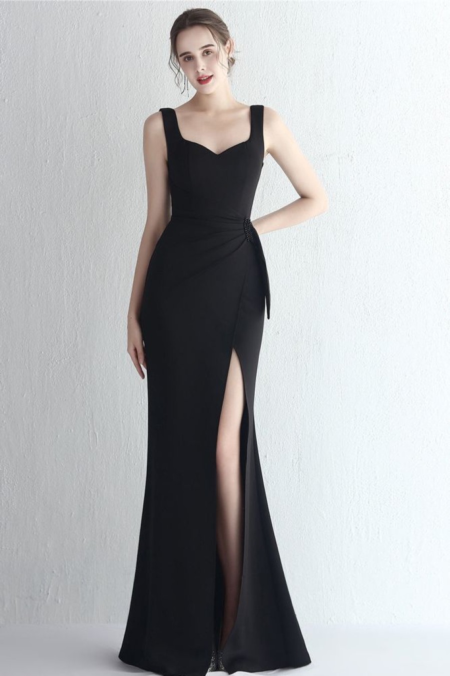 Homrain Sleeveless Simple Prom Dress With Slit | Black Prom Dresses