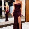 Homrain Sequins Spaghetti Straps Sheath Prom Dress With Slit | Red Prom Dresses