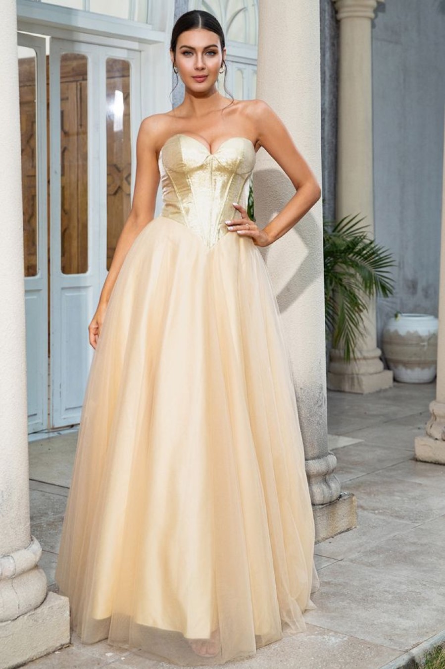 Homrain Princess A Line Sweetheart Long Prom Dress | Gold Prom Dresses