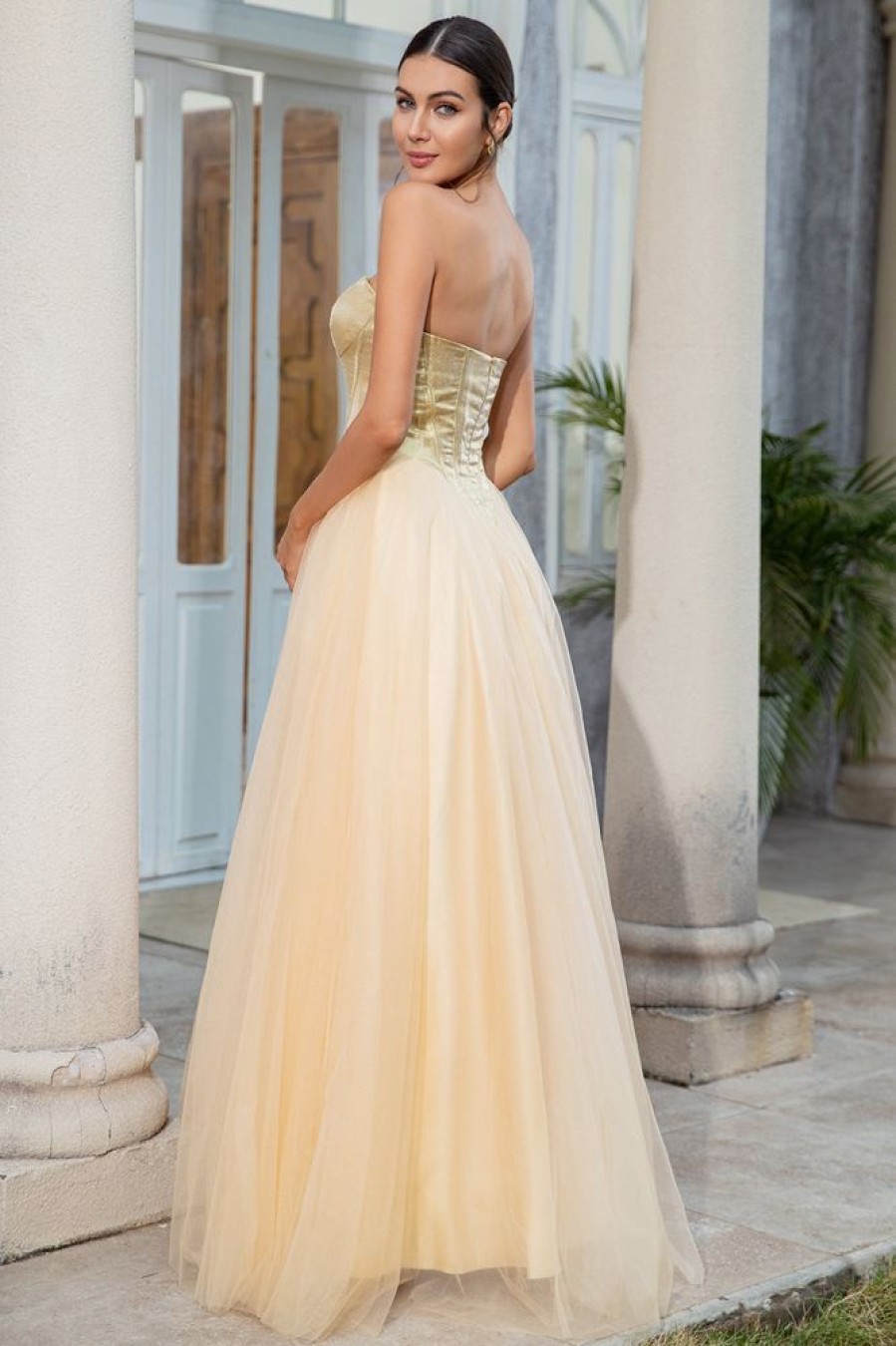 Homrain Princess A Line Sweetheart Long Prom Dress | Gold Prom Dresses