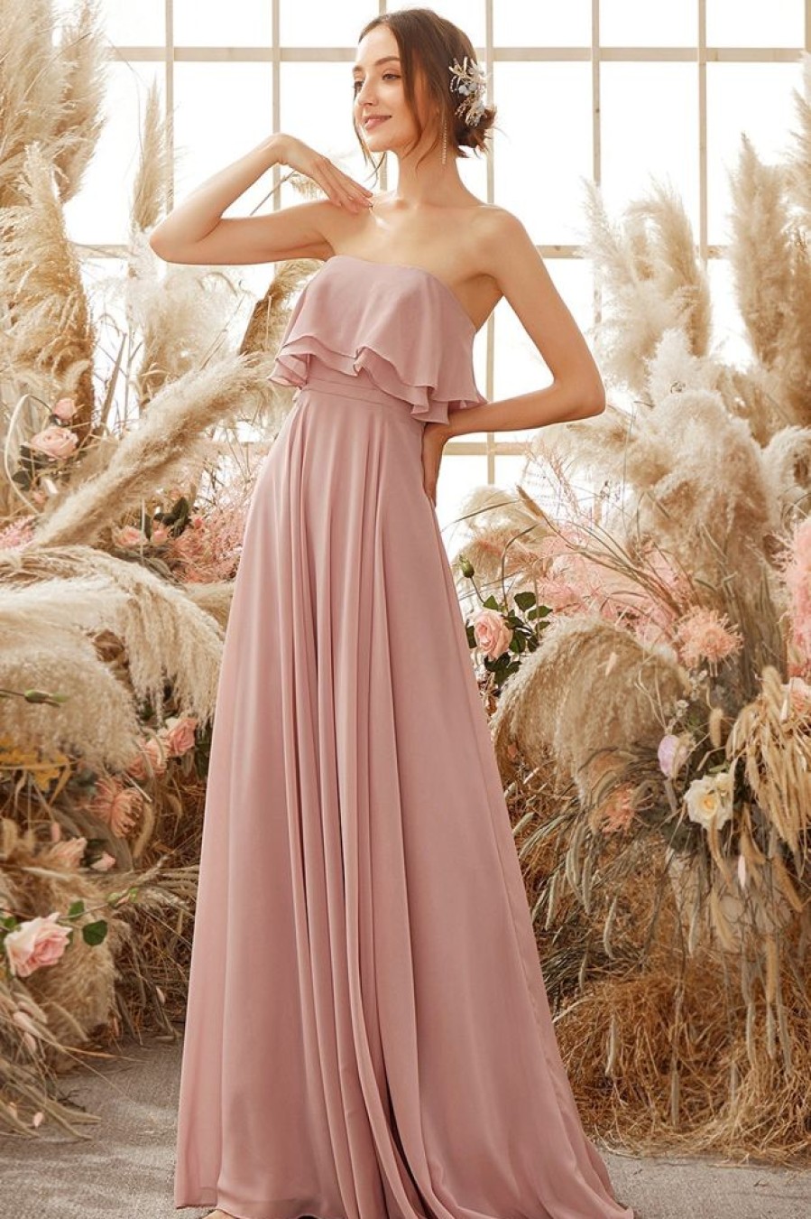 Homrain Elegant Strapless Chiffon Bridesmaid Dress | Wedding Guest Dresses