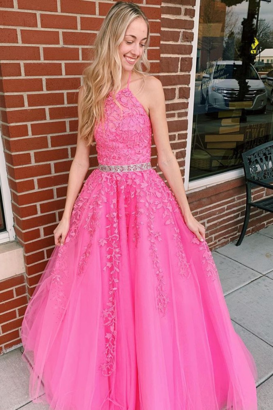 Homrain Halter Long Prom Dress With Appliques | Hot Pink Prom Dresses