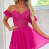 Homrain Sparkly Lace-Up Back A-Line Short Homecoming Dress With Lace | Hot Pink Hoco Dresses