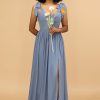 Homrain Grey Blue Spaghetti Straps Long Chiffon Bridesmaid Dress With Slit | Boho Bridesmaid Dresses