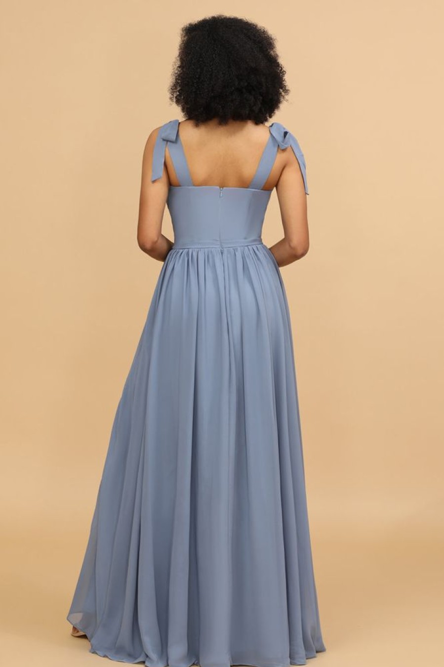 Homrain Grey Blue Spaghetti Straps Long Chiffon Bridesmaid Dress With Slit | Boho Bridesmaid Dresses