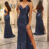 Homrain Sparkly Mermaid Long Sequined Prom Dress With Slit | Purple Prom Dresses