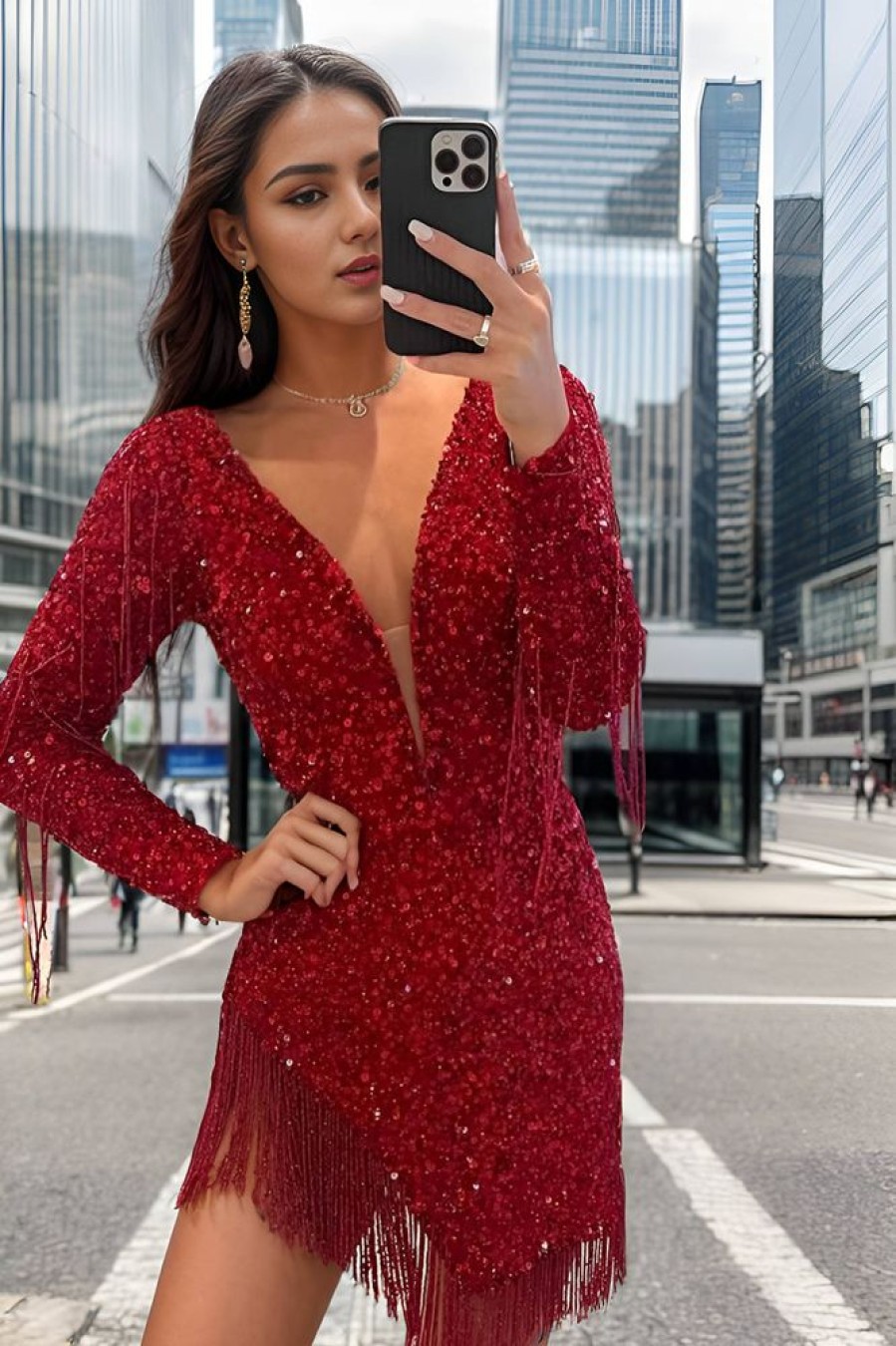 Homrain Sparkly Sequined Long Sleeves Tight Short Homecoming Dress With Fringes | Red Hoco Dresses