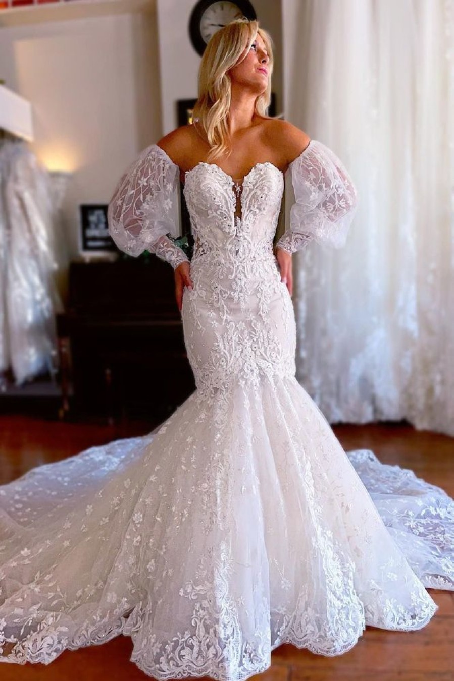 Homrain Sparkly Mermaid Detachable Long Sleeves Lace Wedding Dress | Mermaid Wedding Dresses