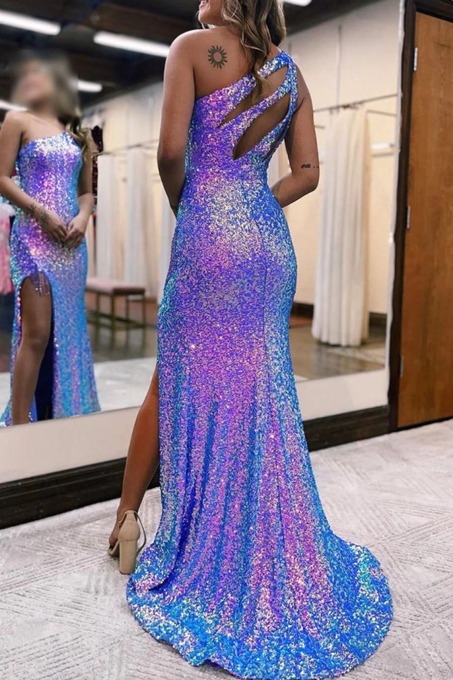 Homrain Sparkly Sequins One Shoulder Long Prom Dress With Fringes | Purple Prom Dresses