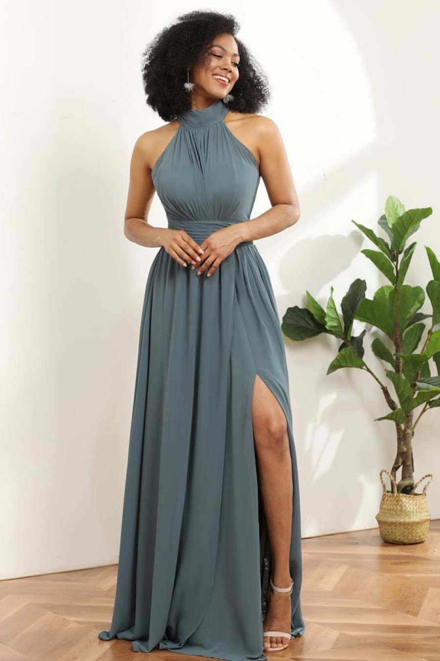 Homrain Halter Ruched Long Bridesmaid Dress With Slit | Boho Bridesmaid Dresses