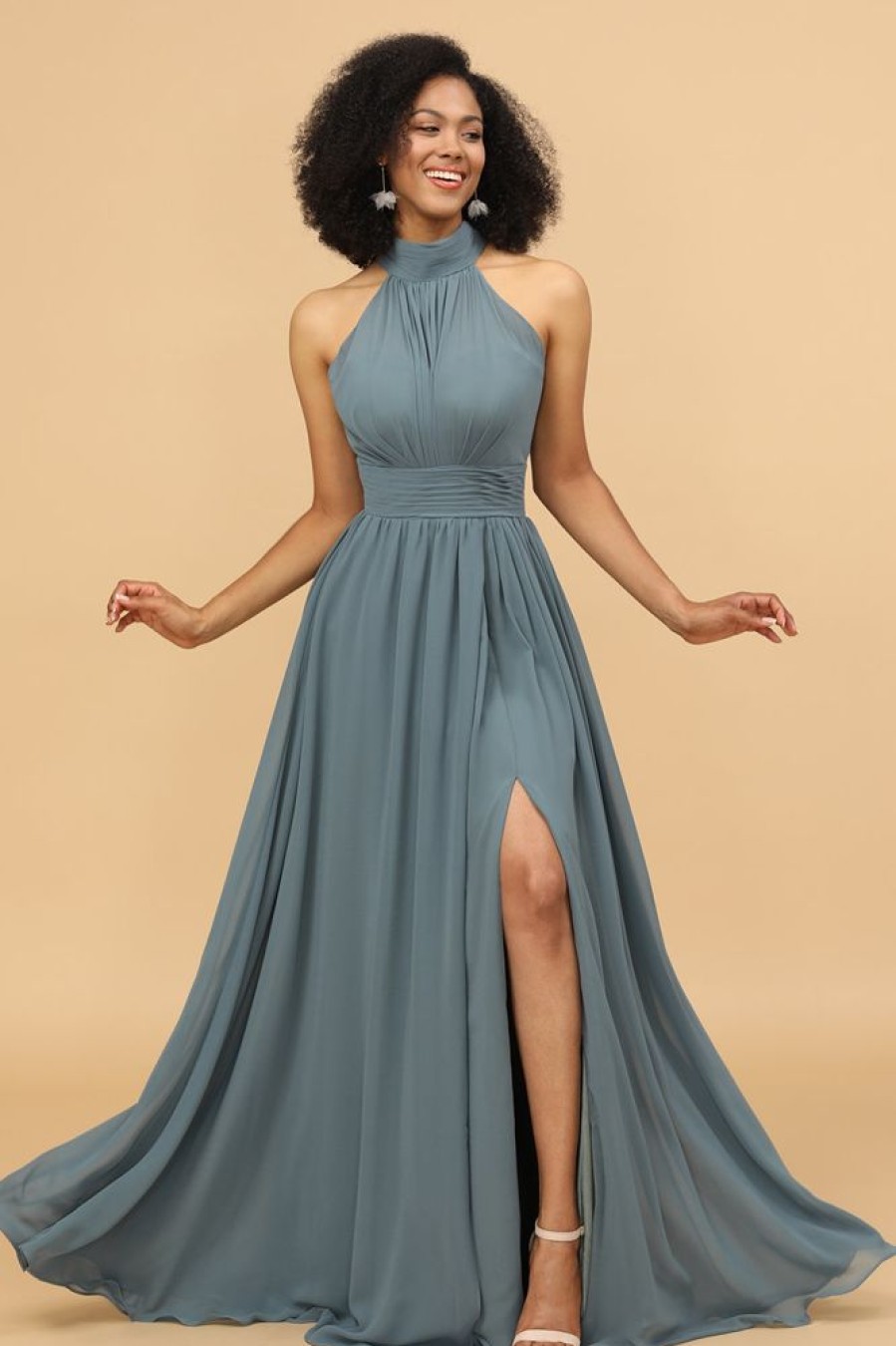 Homrain Halter Ruched Long Bridesmaid Dress With Slit | Boho Bridesmaid Dresses