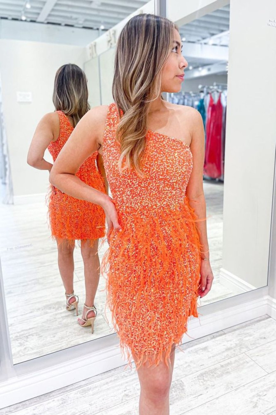 Homrain Sparkly One Shoulder Sequins Tight Homecoming Dress With Feathers | Orange Prom Dresses