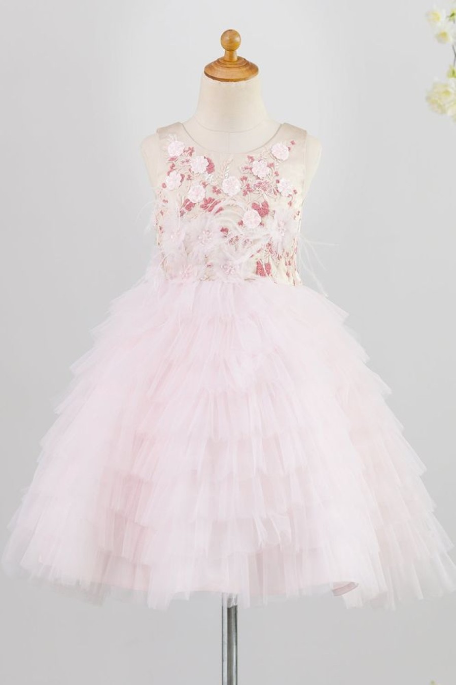 Homrain Embroidery Pink Flower Girl Dress With Feather | Flower Girl Dresses