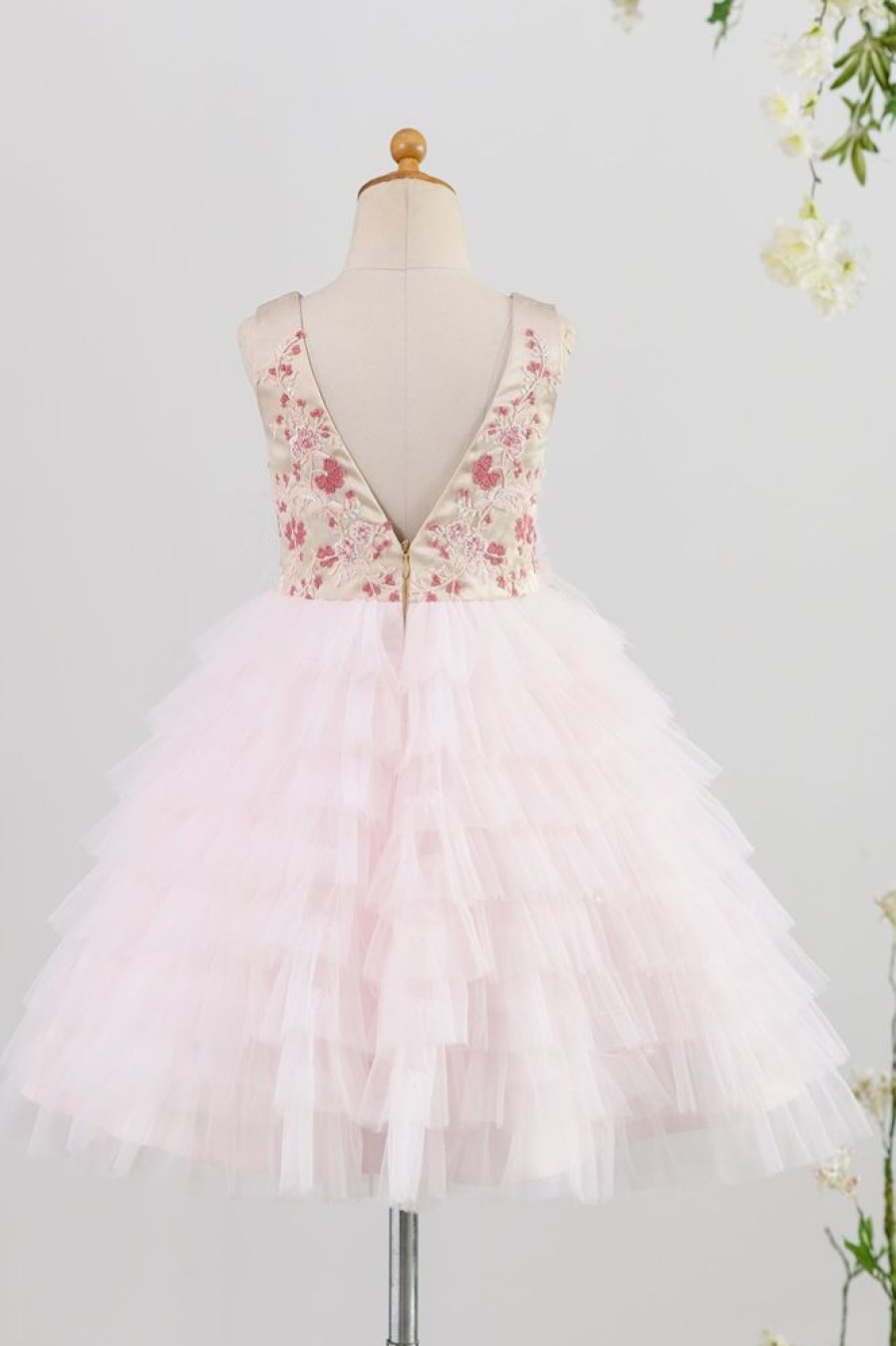 Homrain Embroidery Pink Flower Girl Dress With Feather | Flower Girl Dresses