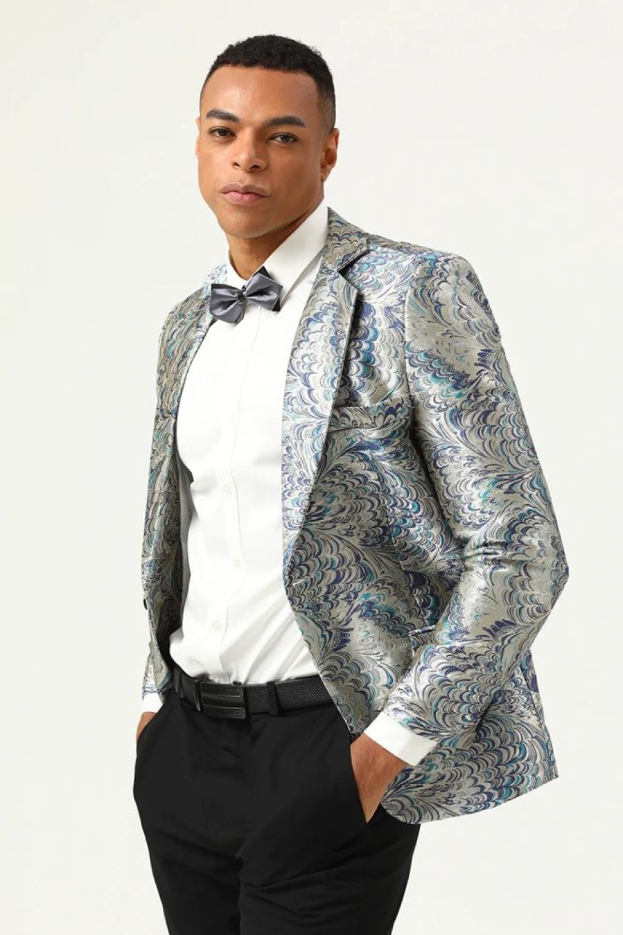 Homrain Silver And Blue Jacquard Notched Lapel Men'S Prom Blazer | Men Blazers