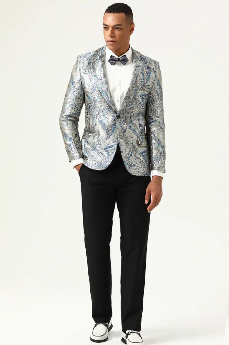 Homrain Silver And Blue Jacquard Notched Lapel Men'S Prom Blazer | Men Blazers