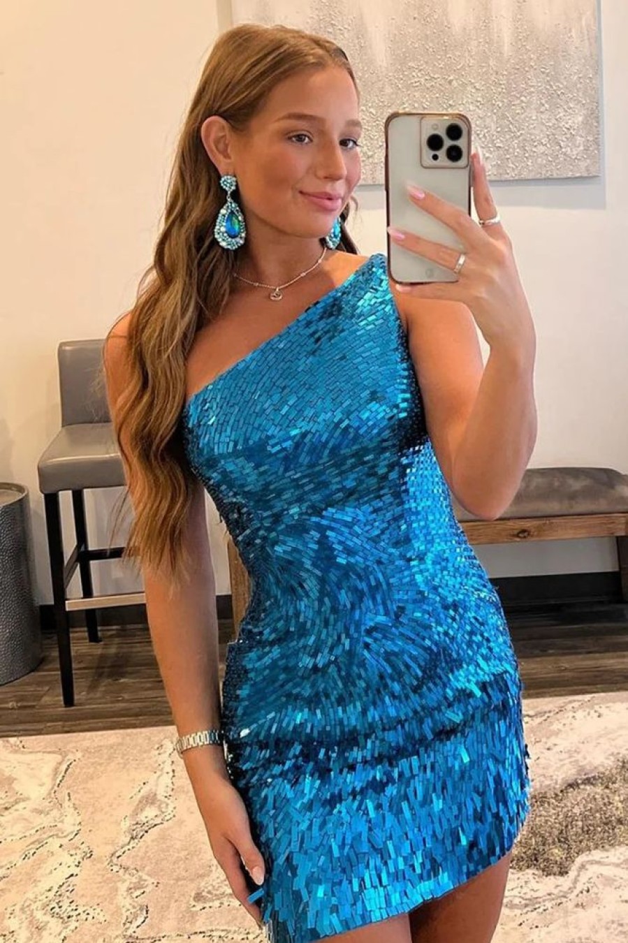 Homrain Glitter One Shoulder Sequins Tight Hoco Dress | Blue Prom Dresses