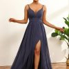 Homrain Ruched Long Chiffon Bridesmaid Dress With Slit | Wedding Guest Dresses