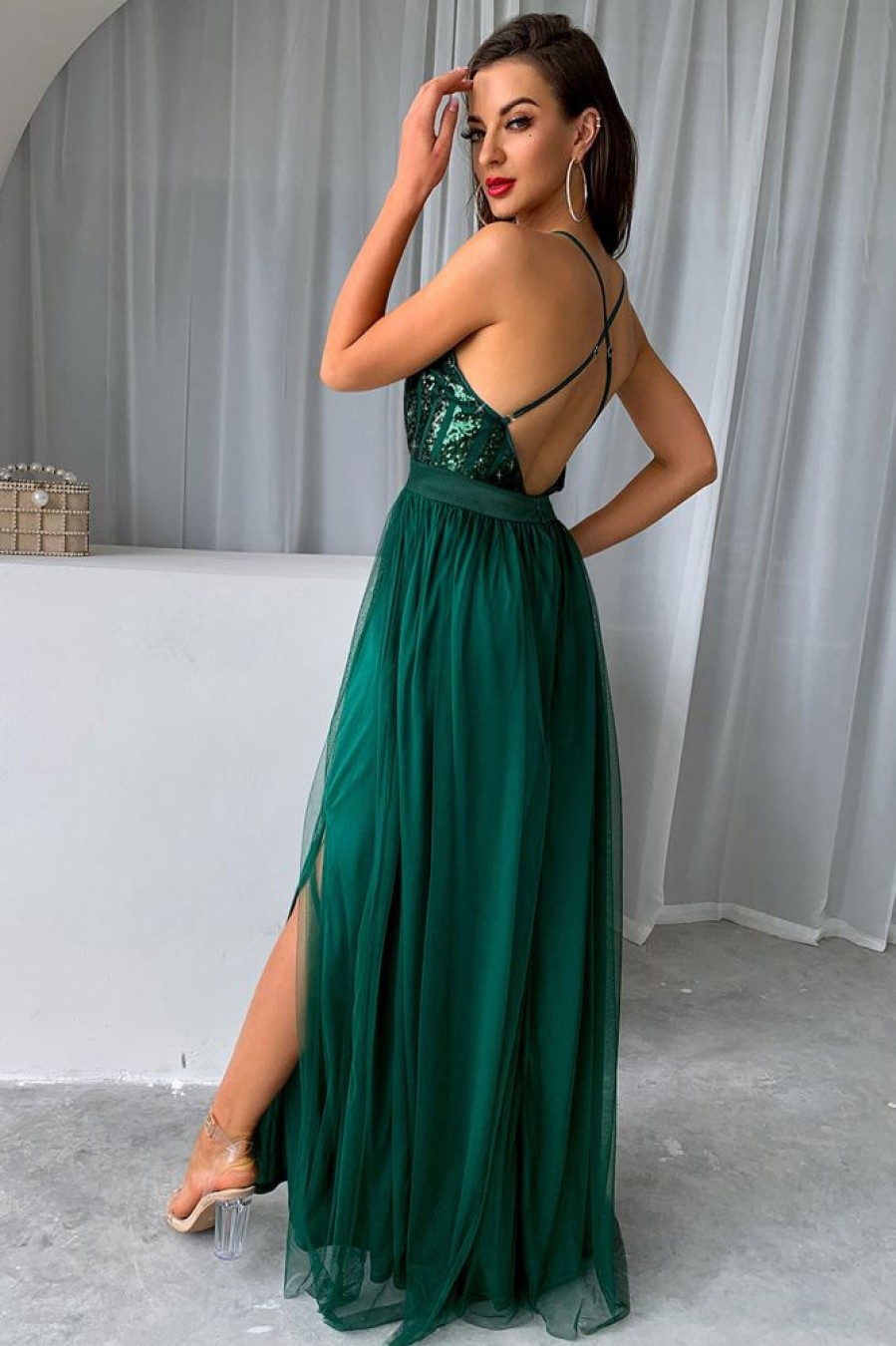 Homrain V-Neck Sequin Party Dress | Green Prom Dresses