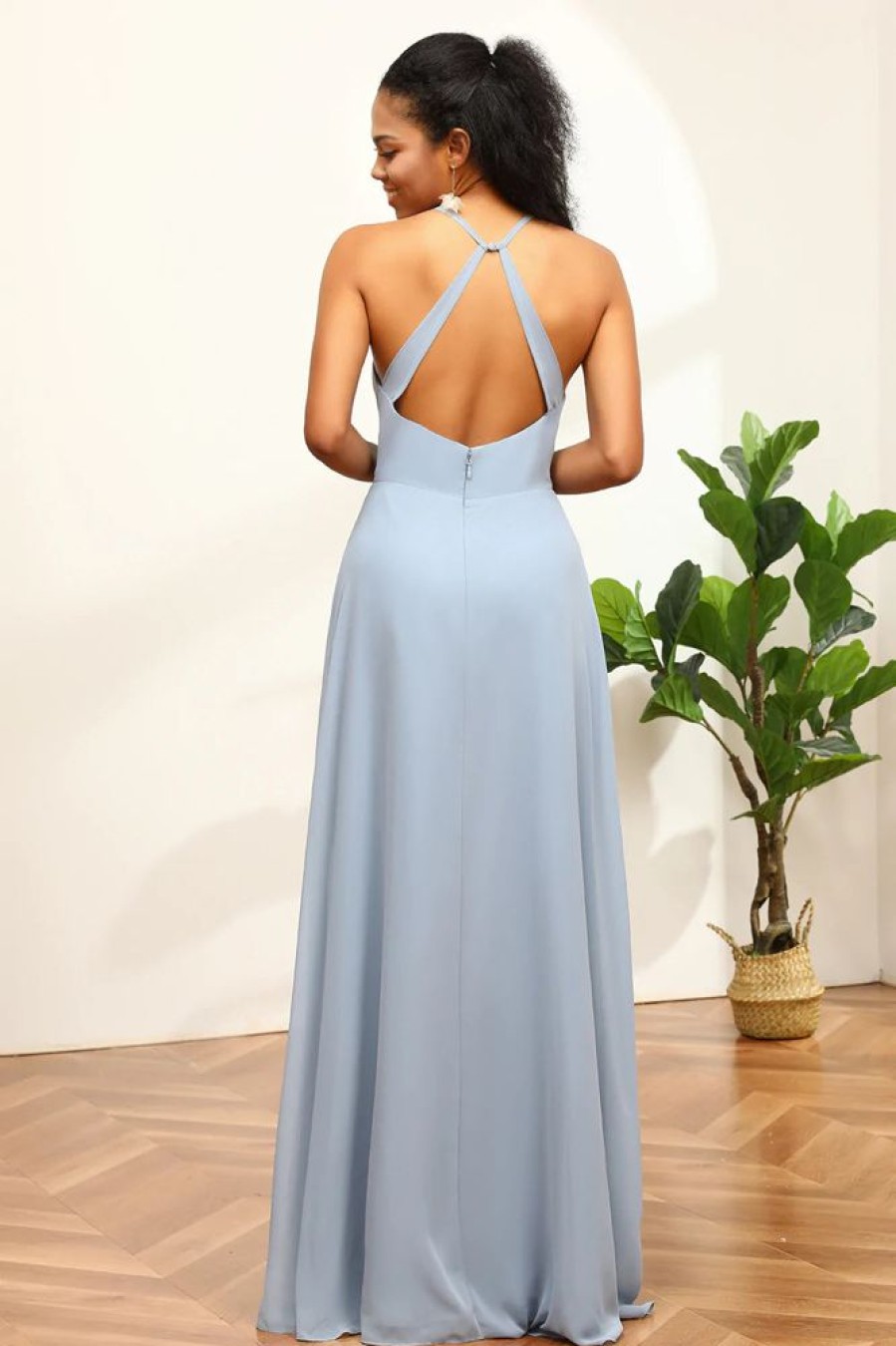 Homrain Dusty Blue Halter Blackless Bridesmaid Dress | Wedding Guest Dresses