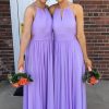 Homrain A-Line Round Neck Long Pleated Chiffon Boho Bridesmaid Dress | Wedding Guest Dresses