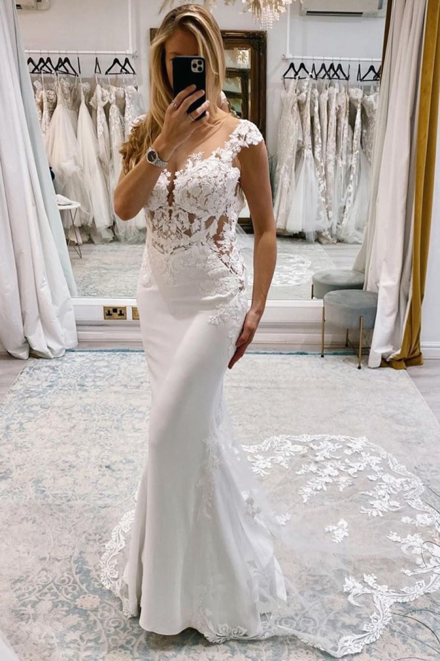 Homrain Mermaid Deep V-Neck Cap Sleeves Long Wedding Dress With Lace | Mermaid Wedding Dresses