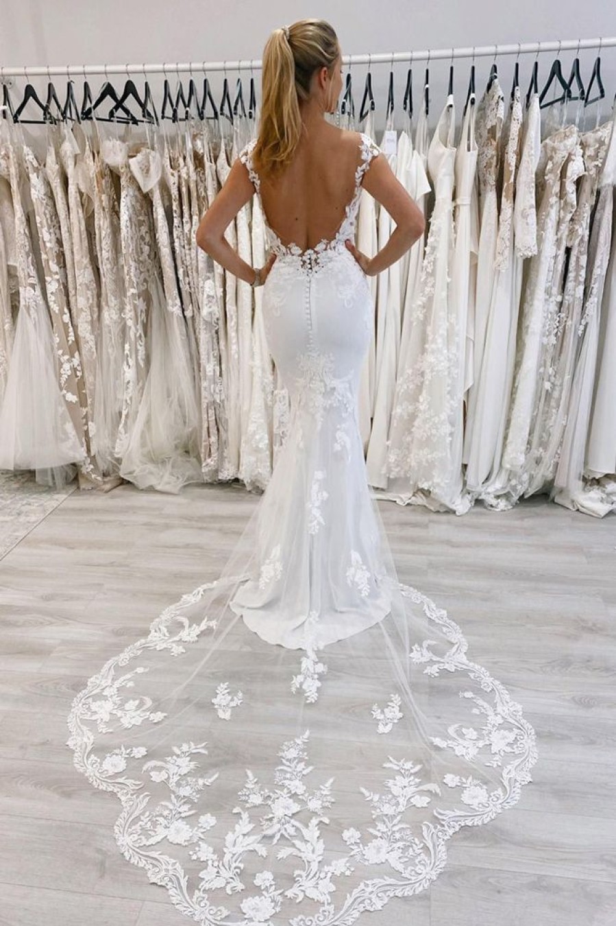 Homrain Mermaid Deep V-Neck Cap Sleeves Long Wedding Dress With Lace | Mermaid Wedding Dresses