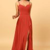 Homrain Spaghetti Straps Chiffon A-Line Bridesmaid Dress With Slit | Burnt Orange Bridesmaid Dress