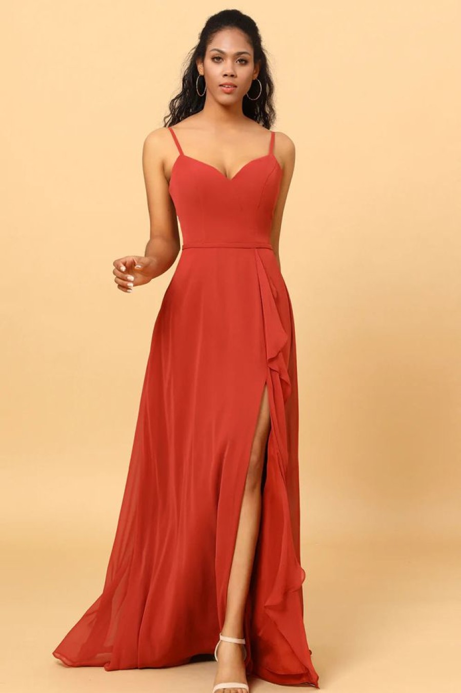 Homrain Spaghetti Straps Chiffon A-Line Bridesmaid Dress With Slit | Burnt Orange Bridesmaid Dress