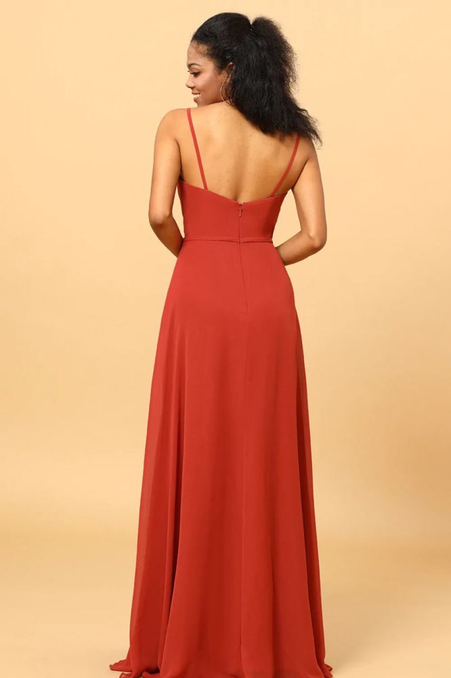 Homrain Spaghetti Straps Chiffon A-Line Bridesmaid Dress With Slit | Burnt Orange Bridesmaid Dress