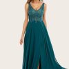 Homrain Turquoise Chiffon Long Prom Dress With Beading | Green Prom Dresses