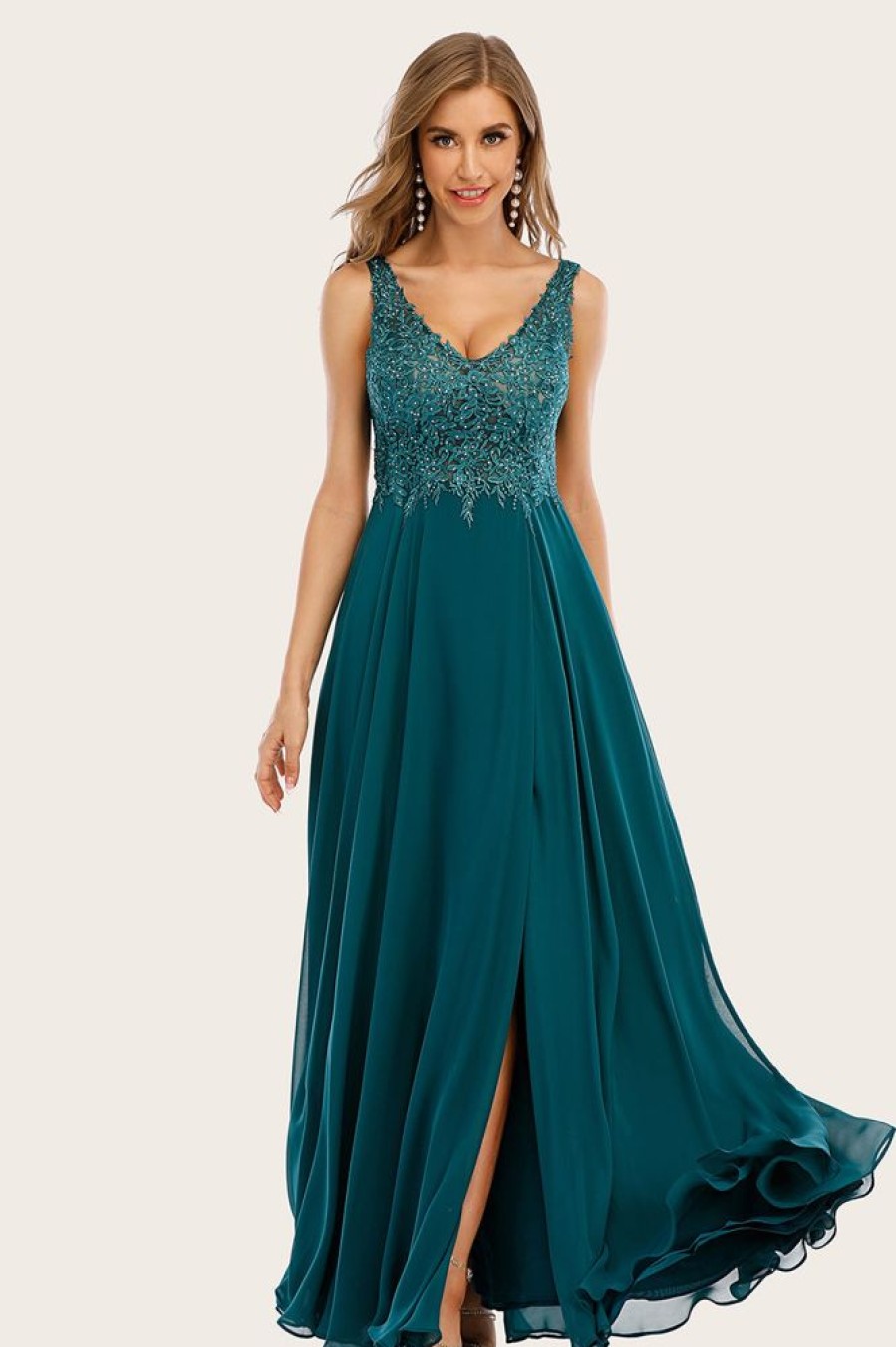 Homrain Turquoise Chiffon Long Prom Dress With Beading | Green Prom Dresses