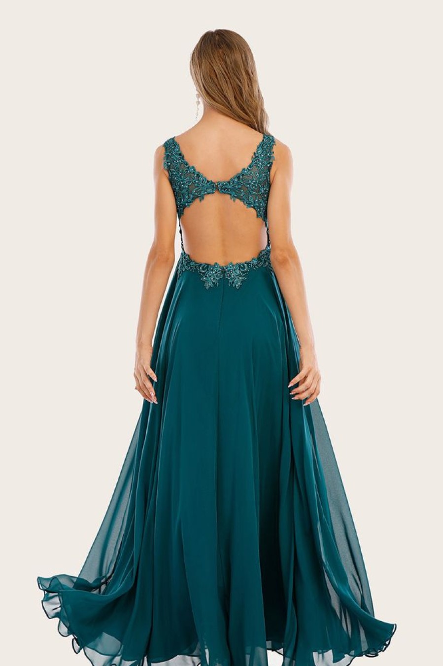 Homrain Turquoise Chiffon Long Prom Dress With Beading | Green Prom Dresses