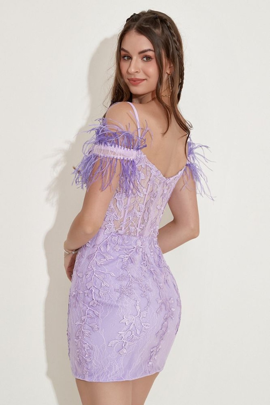 Homrain Lavender Off The Shoulder Homecoming Dress With Feathers | Purple Hoco Dresses