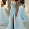 Homrain Sparkly A Line Long Corset Prom Dress With Slit | Blue Prom Dresses