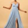 Homrain Dusty Blue A-Line Long Chiffon Bridesmaid Dress With Slit | Bridesmaid Dresses 2024