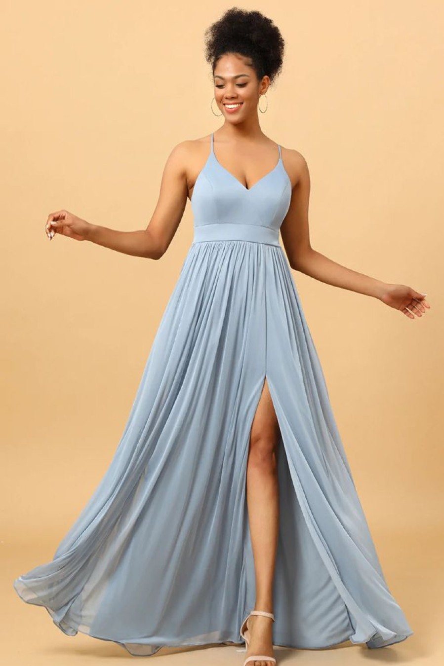 Homrain Dusty Blue A-Line Long Chiffon Bridesmaid Dress With Slit | Bridesmaid Dresses 2024