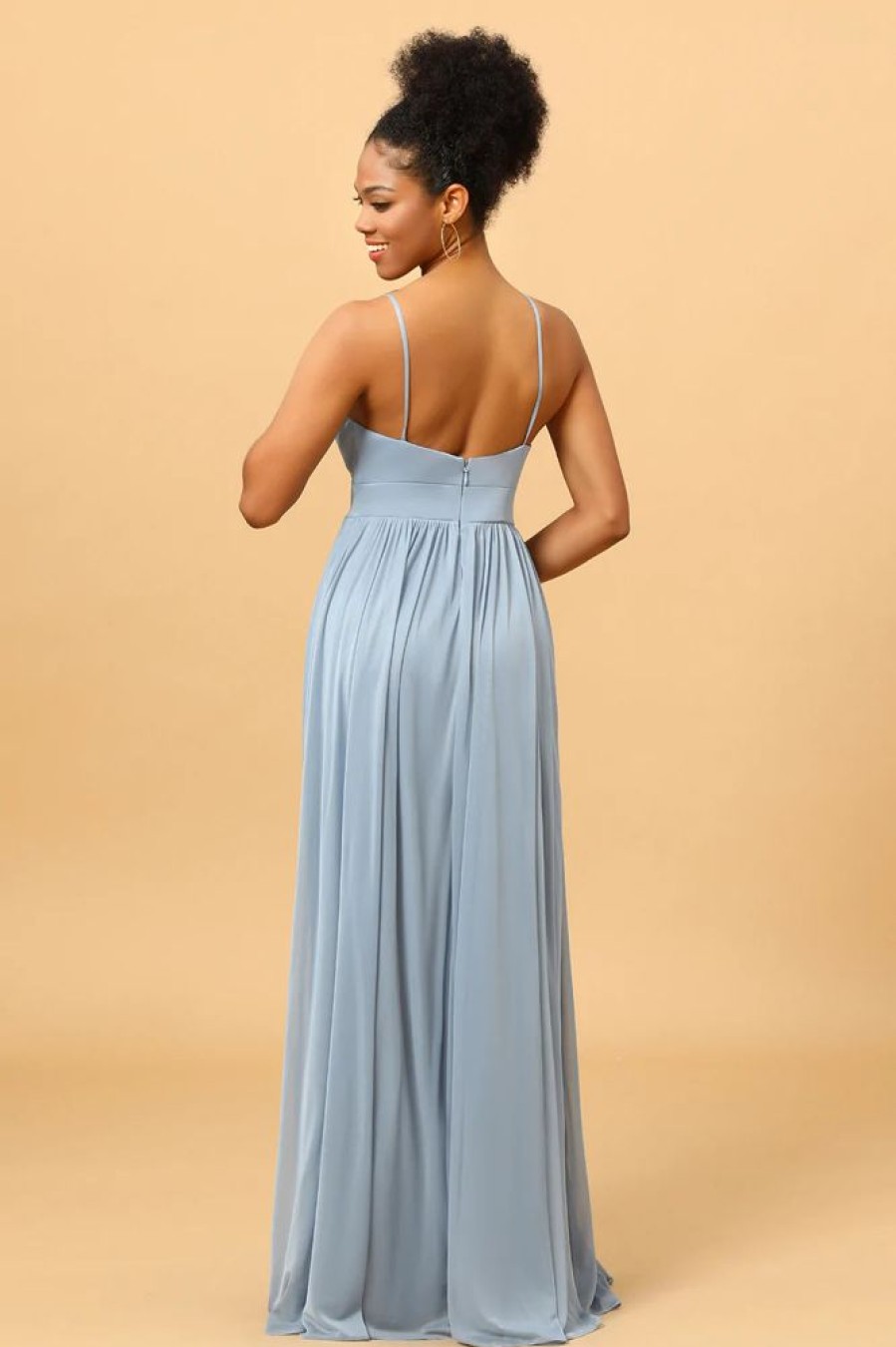 Homrain Dusty Blue A-Line Long Chiffon Bridesmaid Dress With Slit | Bridesmaid Dresses 2024